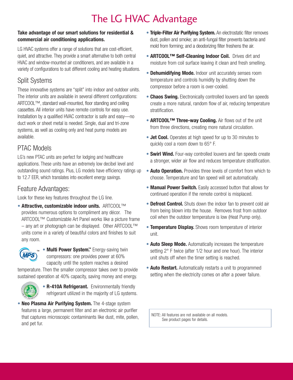 The lg hvac advantage, Split systems, Ptac models | Feature advantages | LG LA090HP User Manual | Page 5 / 36