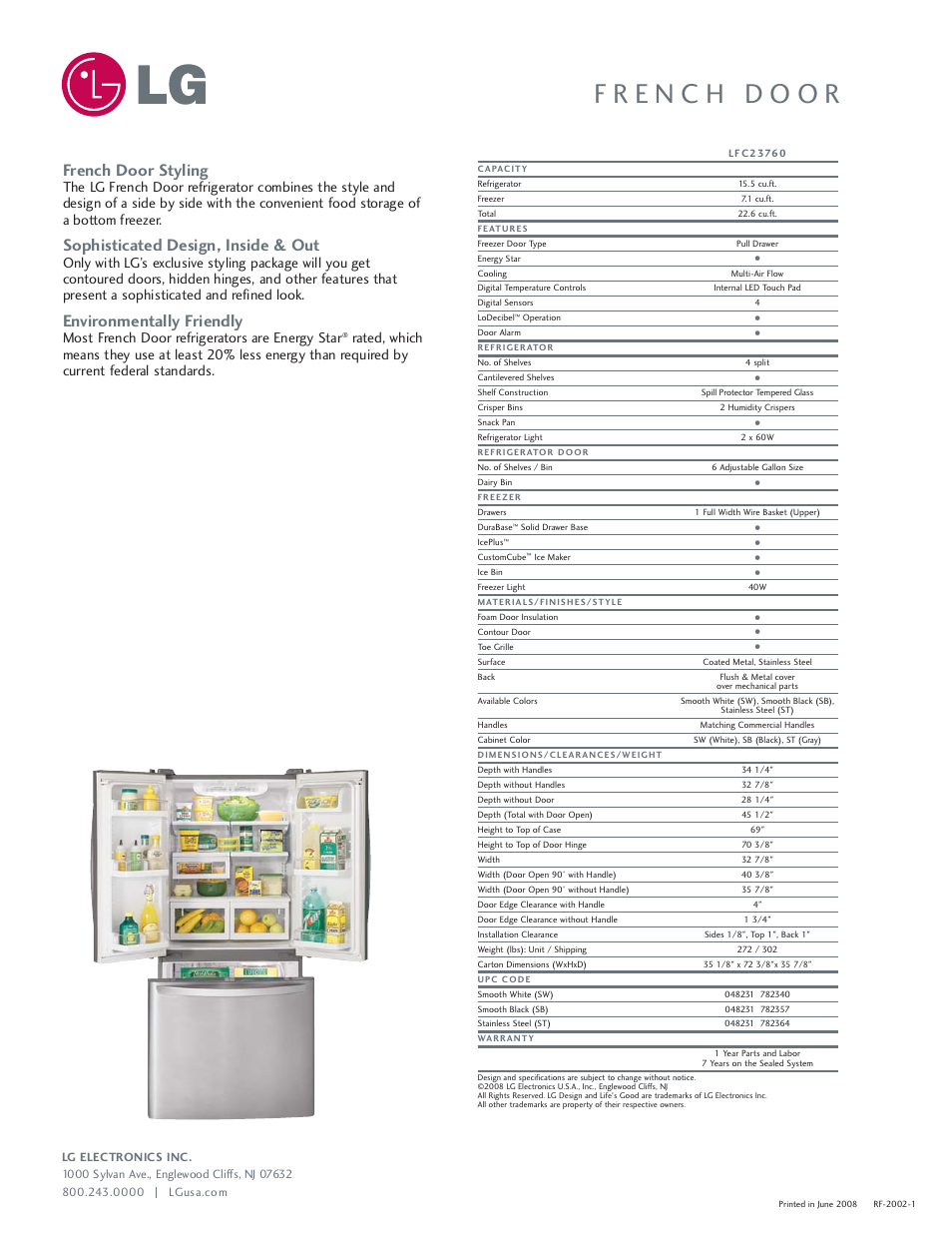 French door styling, Sophisticated design, inside & out, Environmentally friendly | Most french door refrigerators are energy star | LG LFC23760ST User Manual | Page 2 / 2