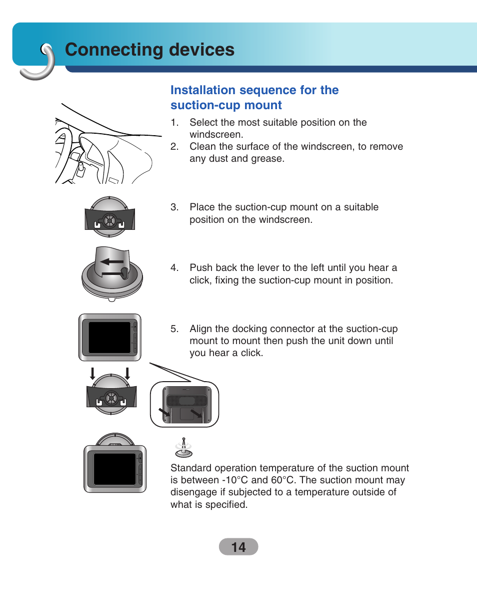 Connecting devices, Installation sequence for the suction-cup mount | LG LN500 Series User Manual | Page 14 / 72