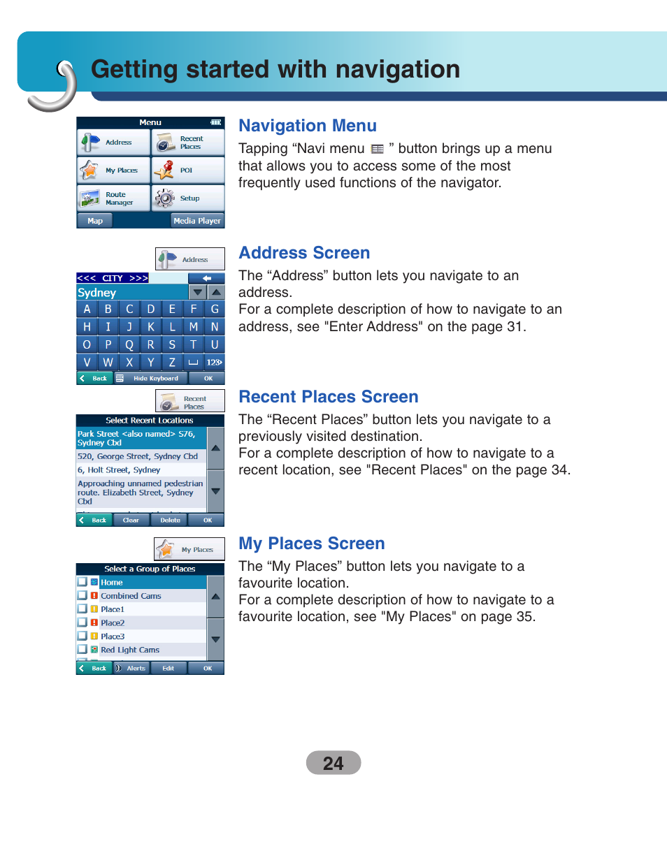 Getting started with navigation, Navigation menu, Address screen | Recent places screen, My places screen | LG LN500 Series User Manual | Page 24 / 72