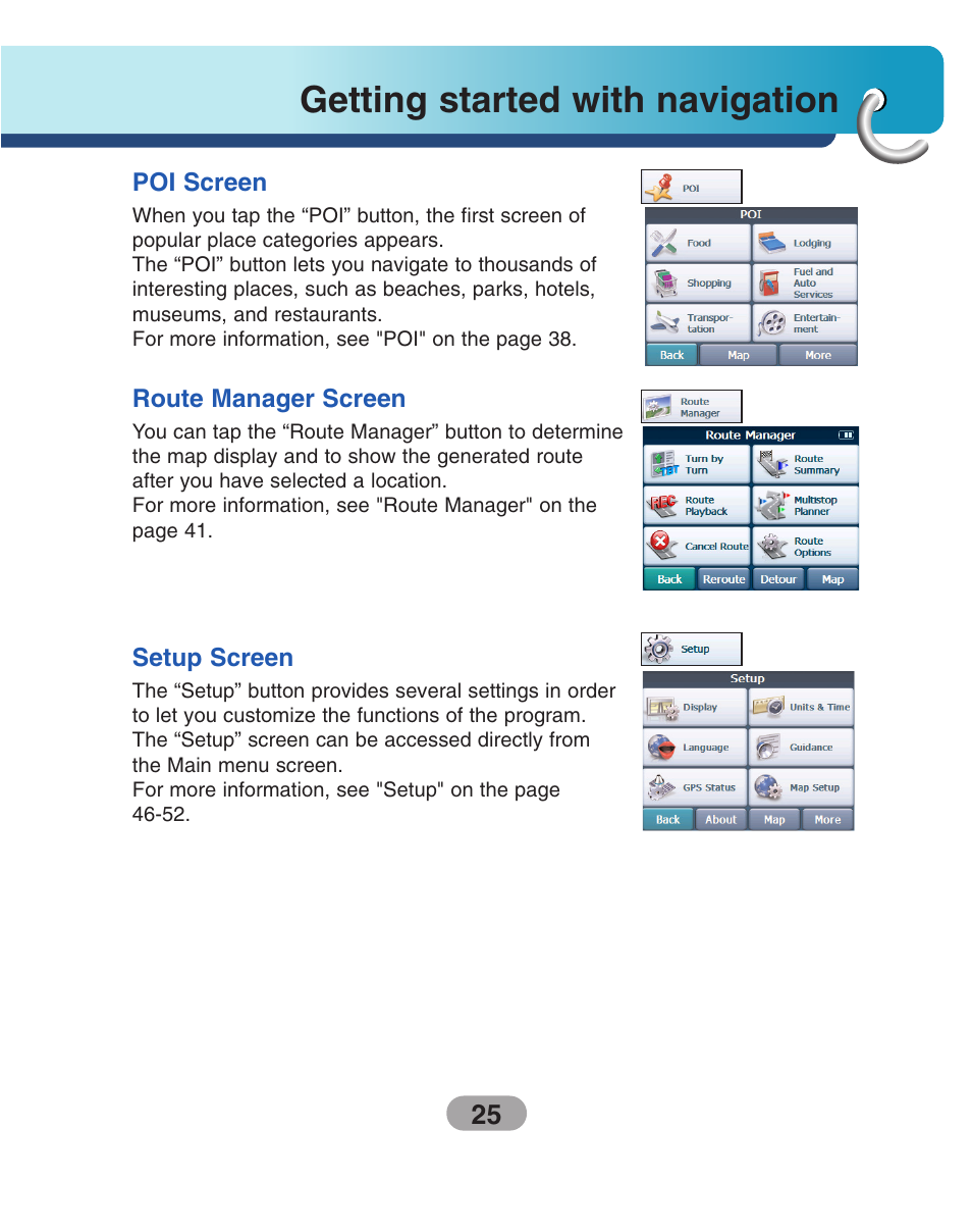 Poi screen, Route manager screen, Setup screen | Getting started with navigation | LG LN500 Series User Manual | Page 25 / 72