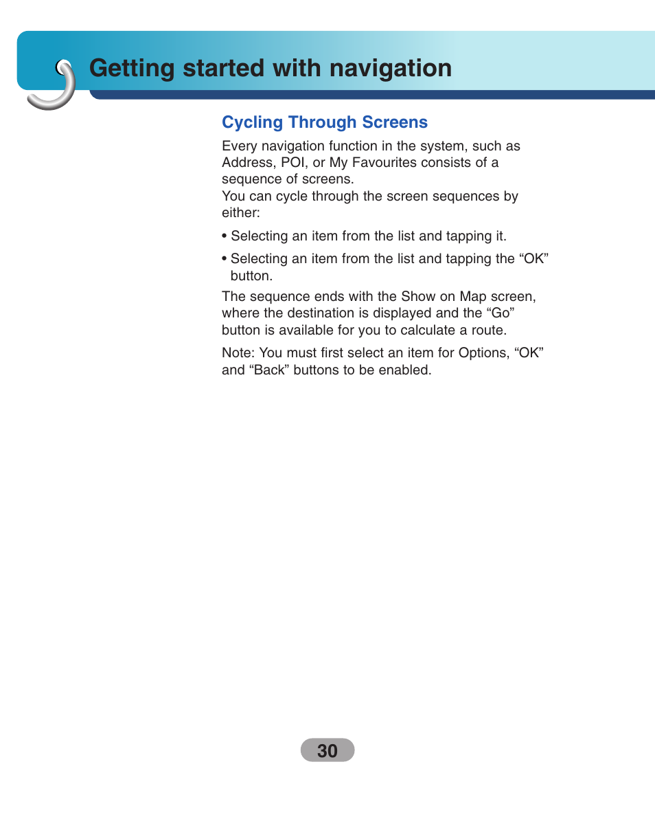 Cycling through screens, Getting started with navigation | LG LN500 Series User Manual | Page 30 / 72