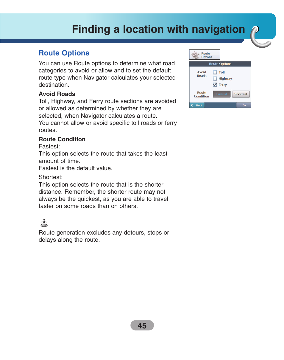 Route options, Finding a location with navigation | LG LN500 Series User Manual | Page 45 / 72