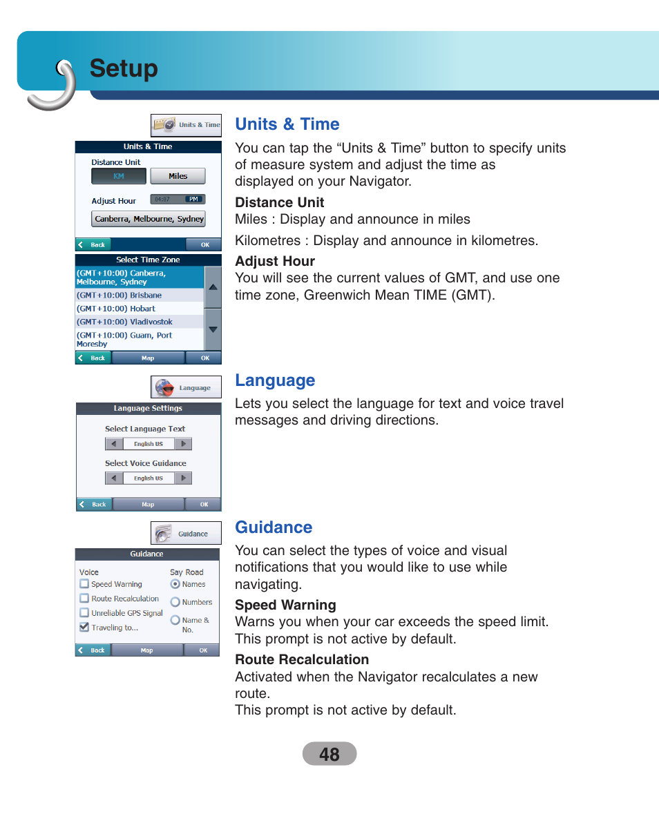 Units & time, Language, Guidance | Setup | LG LN500 Series User Manual | Page 48 / 72