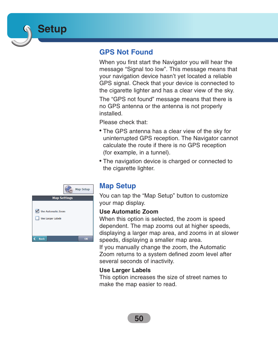 Gps not found, Map setup, Setup | LG LN500 Series User Manual | Page 50 / 72