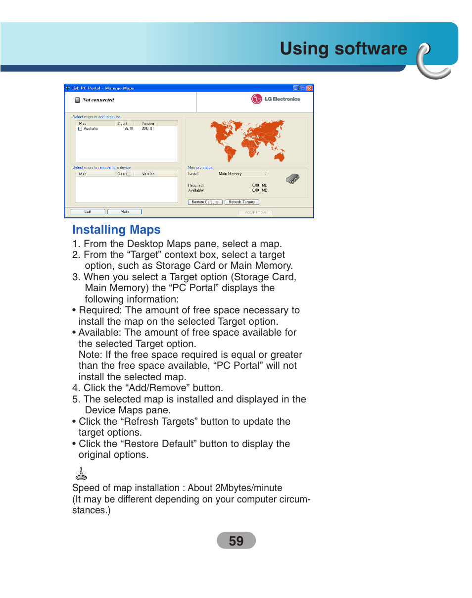 Installing maps, Using software | LG LN500 Series User Manual | Page 59 / 72