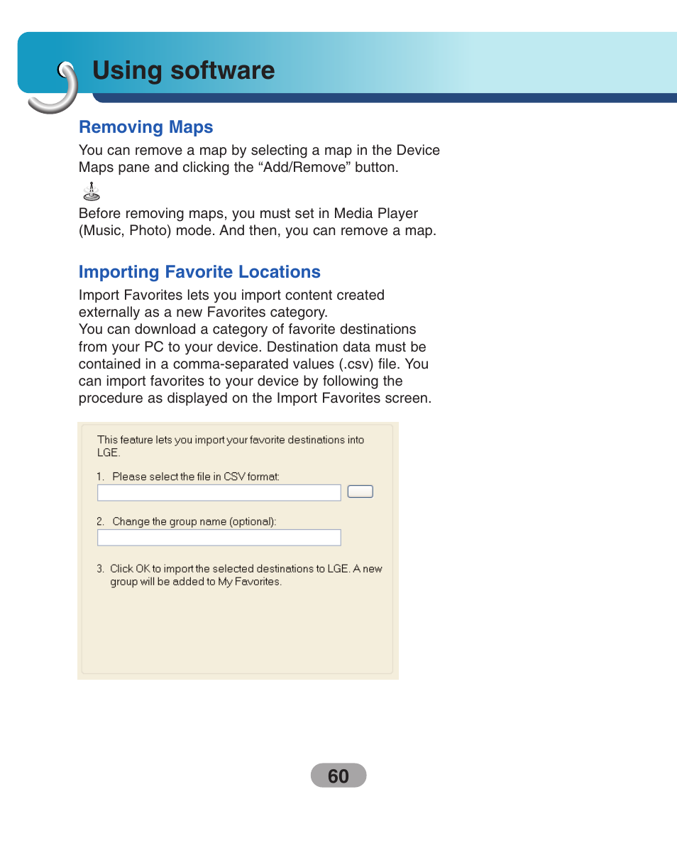 Removing maps, Importing favorite locations, Using software | LG LN500 Series User Manual | Page 60 / 72