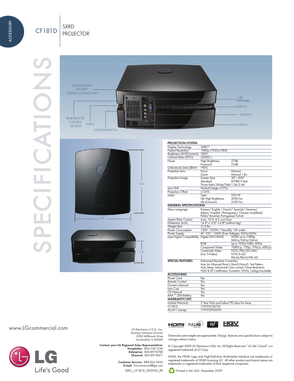 Sp ec if ic at io n s | LG CD181D User Manual | Page 2 / 2