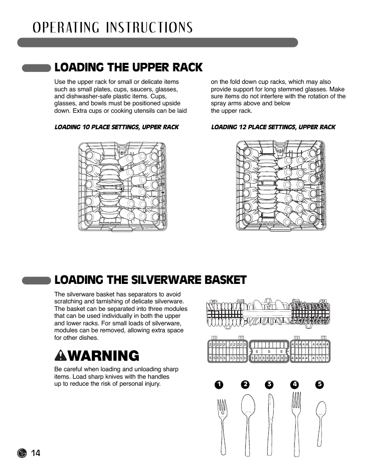 Warning, Loading the silverware basket, Loading the upper rack | LG LDF7932ST User Manual | Page 14 / 72