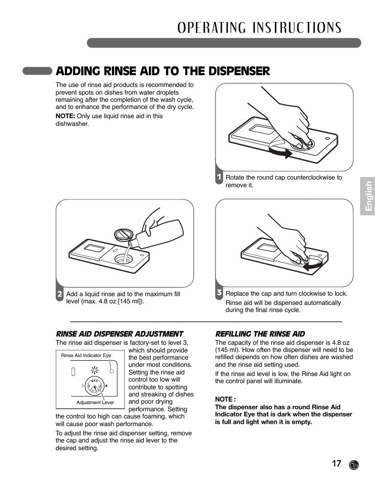 Adding rinse aid to the dispenser | LG LDF7932ST User Manual | Page 17 / 72