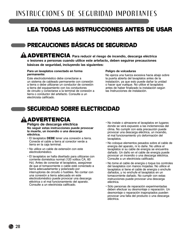 Lea todas las instrucciones antes de usar, Precauciones básicas de seguridad advertencia, Seguridad sobre electricidad advertencia | LG LDF7932ST User Manual | Page 28 / 72