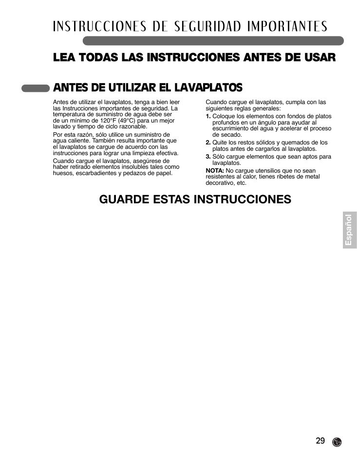 Antes de utilizar el lavaplatos | LG LDF7932ST User Manual | Page 29 / 72