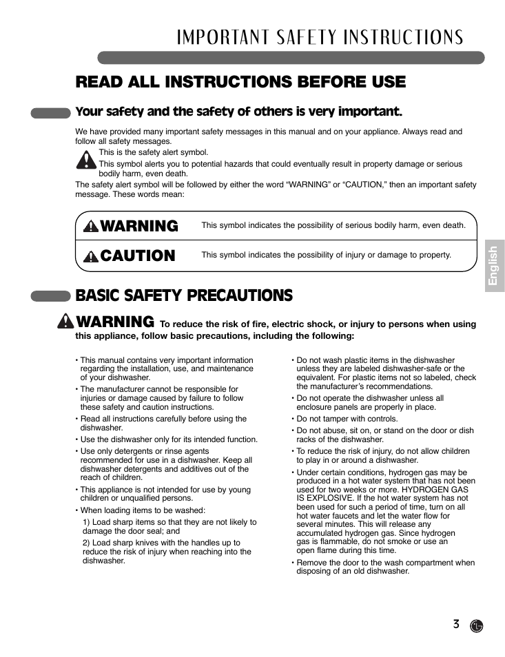 Read all instructions before use, Warning, Basic safety precautions warning | Caution | LG LDF7932ST User Manual | Page 3 / 72