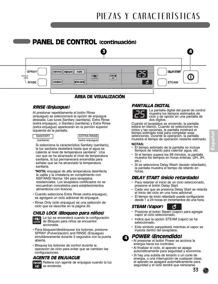 Panel de control, Power (encendido), 33 español | Continuación), Rinse (enjuague), Child lock (bloqueo para niños), Agente de enjuague, Pantalla digital, Delay start (inicio retardado), Steam (vapor) | LG LDF7932ST User Manual | Page 33 / 72