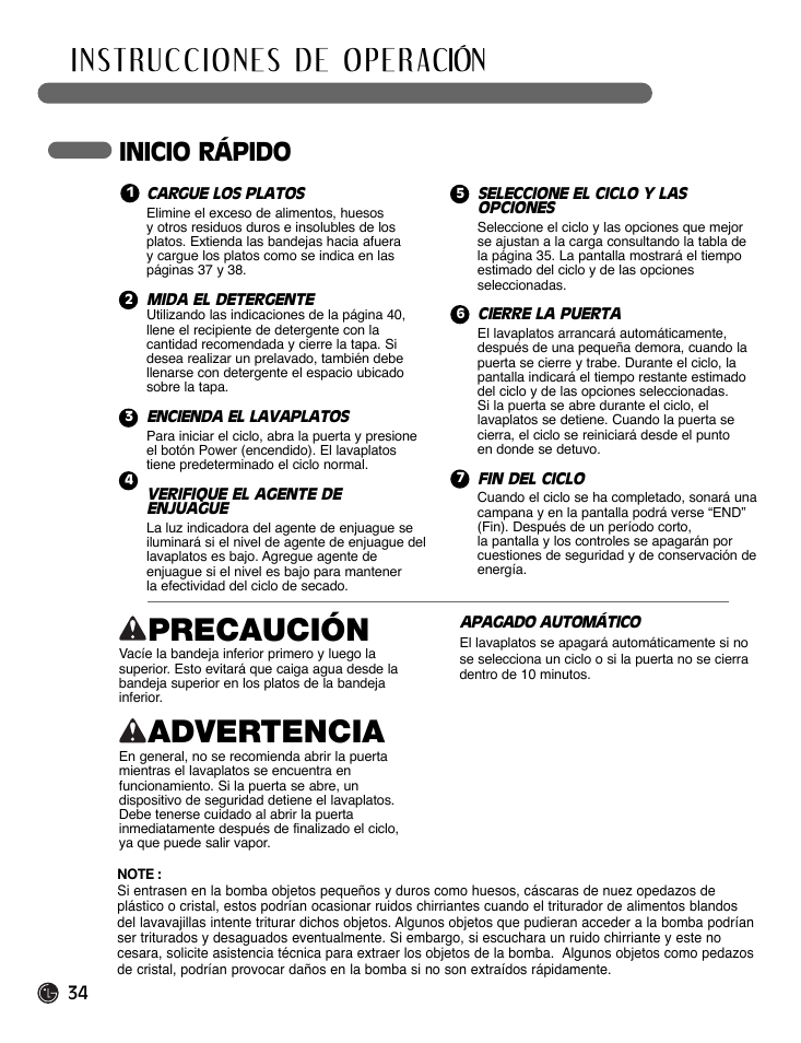 Precaución, Advertencia, Inicio rápido | LG LDF7932ST User Manual | Page 34 / 72