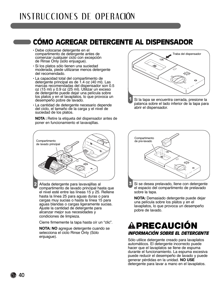 Precaución, Cómo agregar detergente al dispensador | LG LDF7932ST User Manual | Page 40 / 72