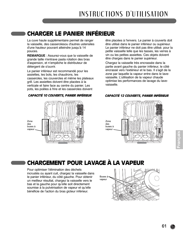 Charger le panier inférieur, Chargement pour lavage à la vapeur | LG LDF7932ST User Manual | Page 61 / 72