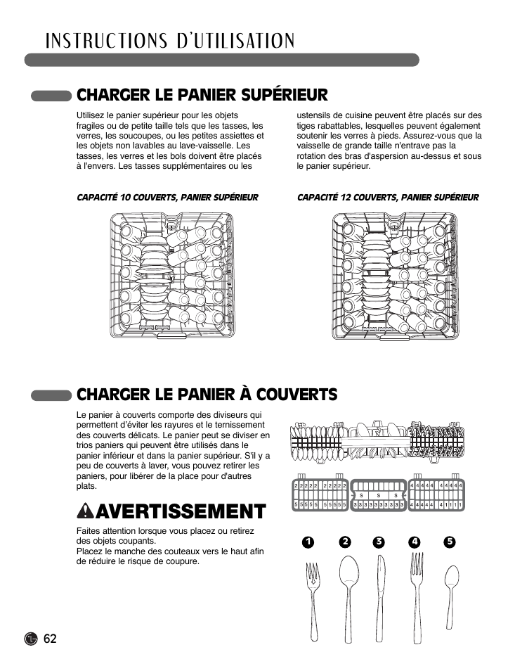 Avertissement, Charger le panier à couverts, Charger le panier supérieur | LG LDF7932ST User Manual | Page 62 / 72