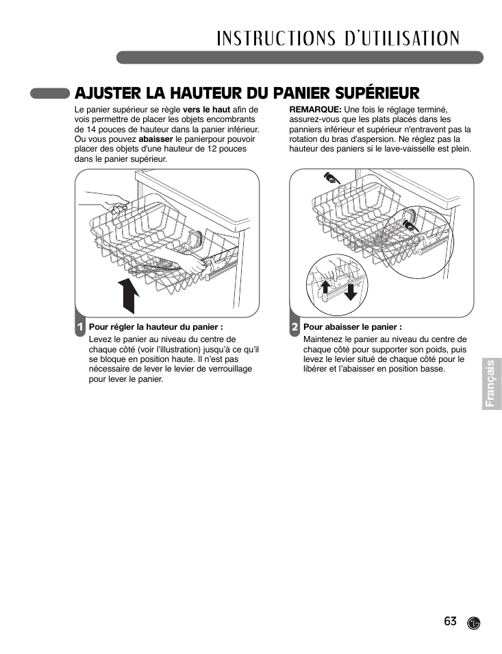 Ajuster la hauteur du panier supérieur | LG LDF7932ST User Manual | Page 63 / 72