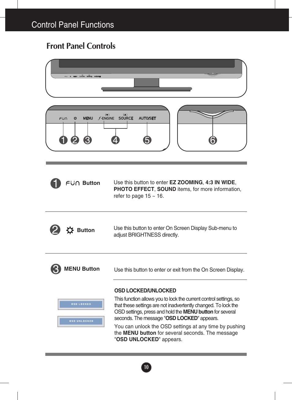 Control panel functions, Front panel controls, Control panel functions front panel controls | LG W2600V User Manual | Page 11 / 31