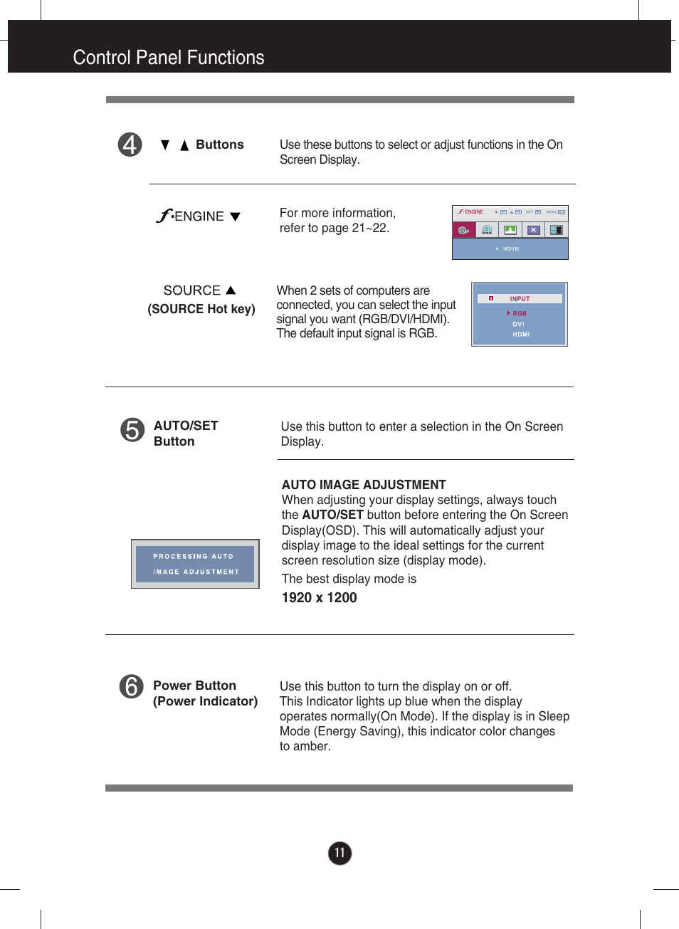 Control panel functions | LG W2600V User Manual | Page 12 / 31