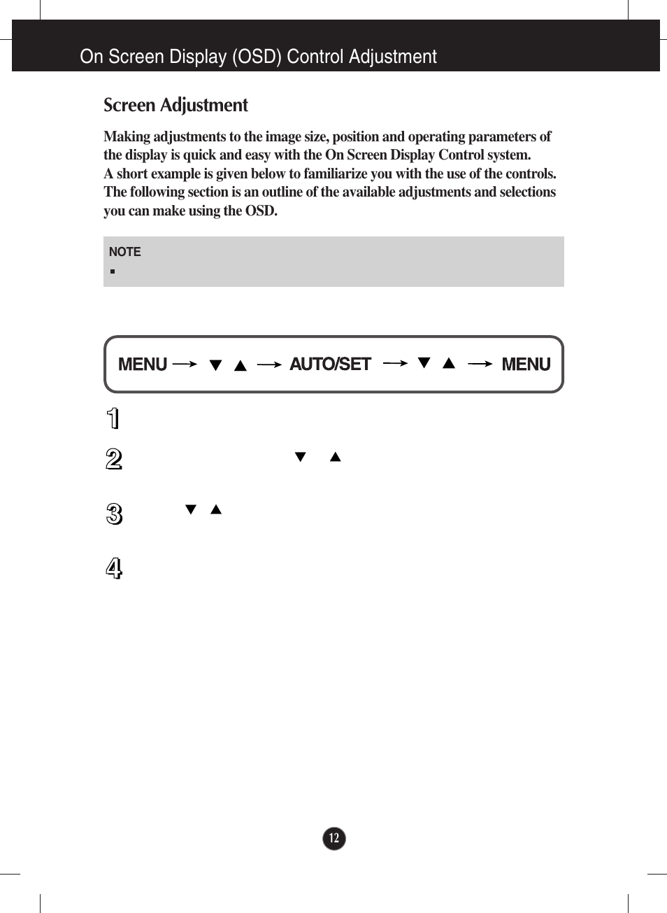 On screen display (osd) control adjustment, Screen adjustment | LG W2600V User Manual | Page 13 / 31