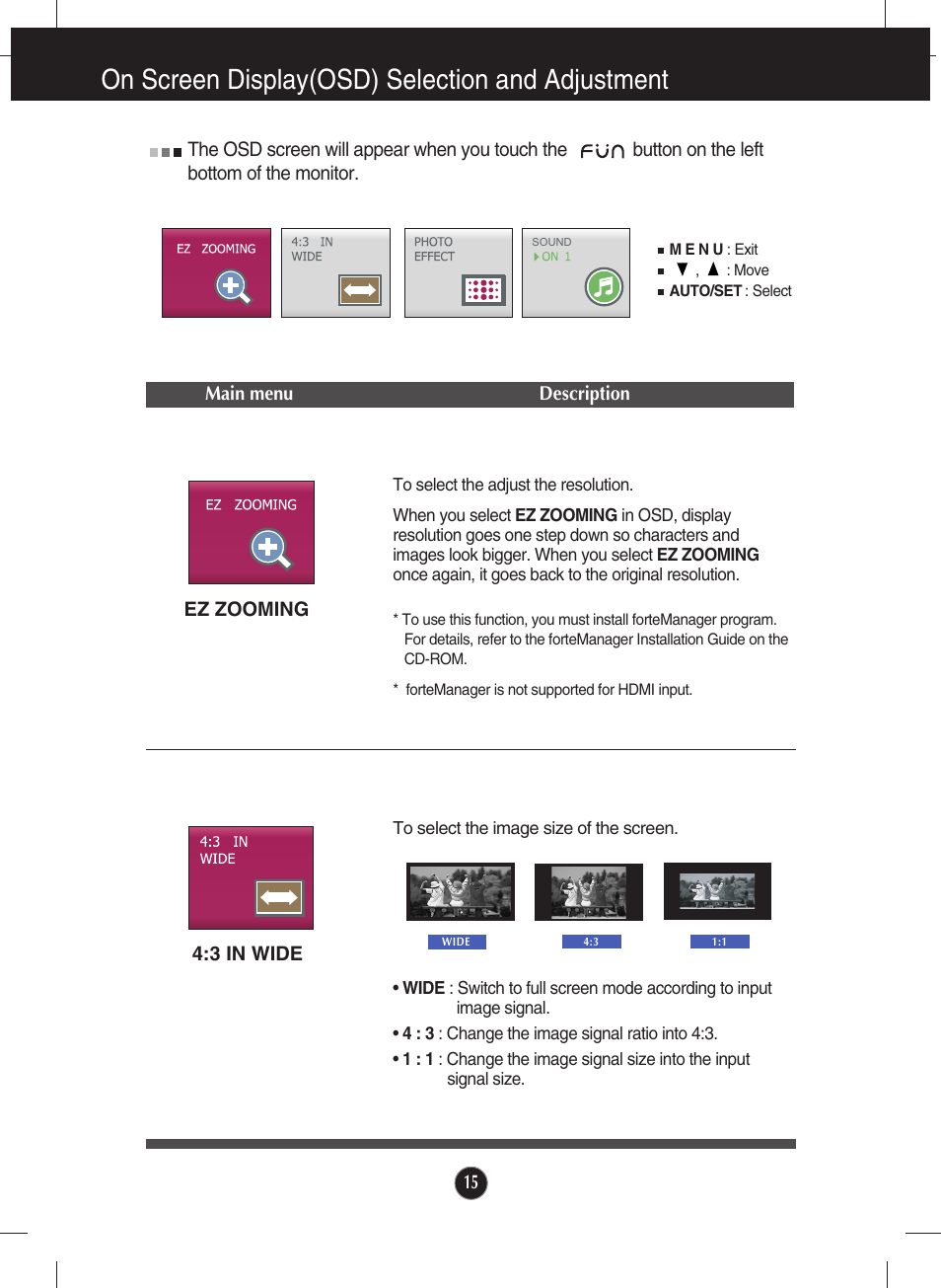 Ez zooming, 3 in wide, On screen display(osd) selection and adjustment | LG W2600V User Manual | Page 16 / 31