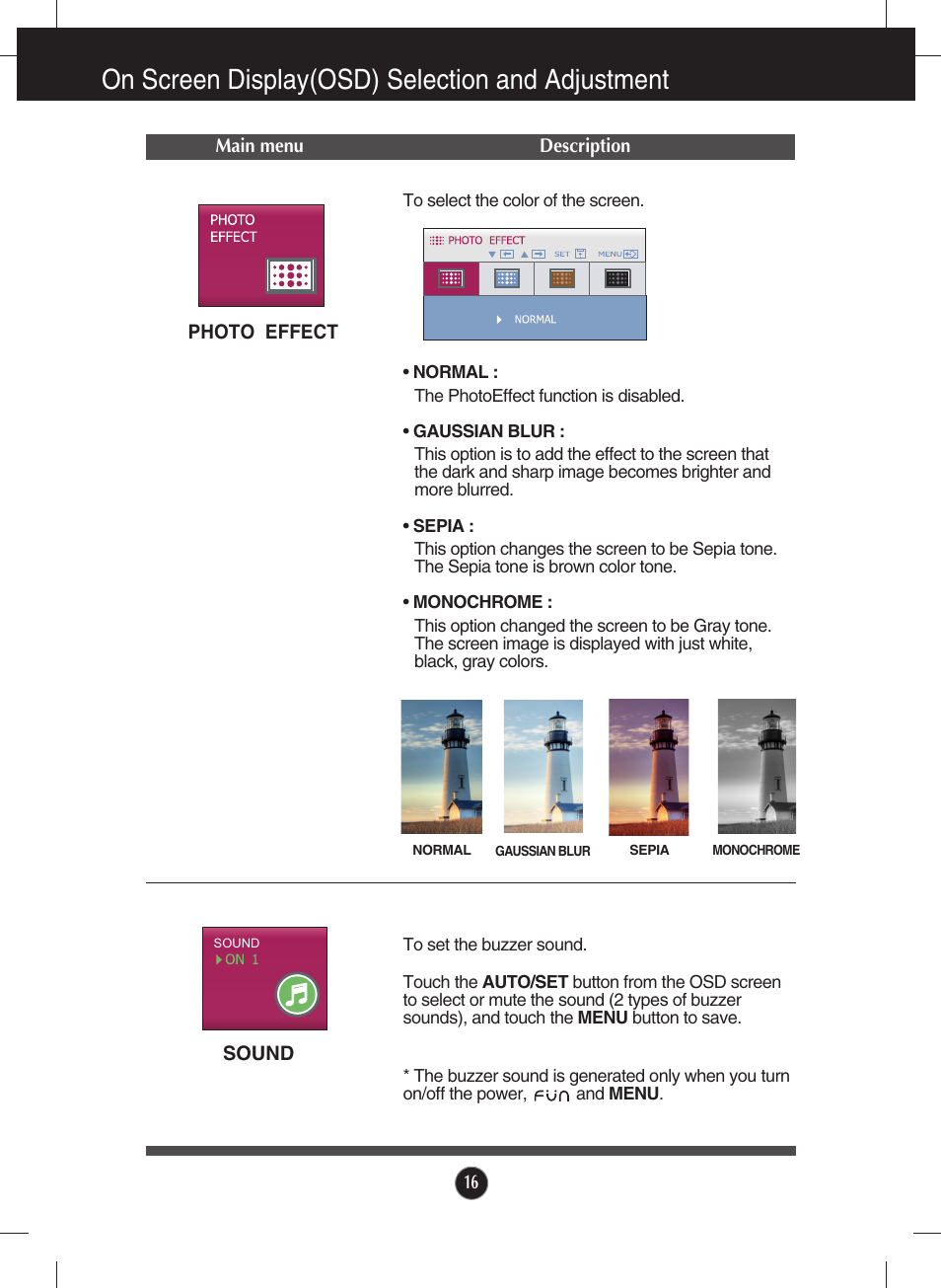 Photo effect, Sound, On screen display(osd) selection and adjustment | LG W2600V User Manual | Page 17 / 31