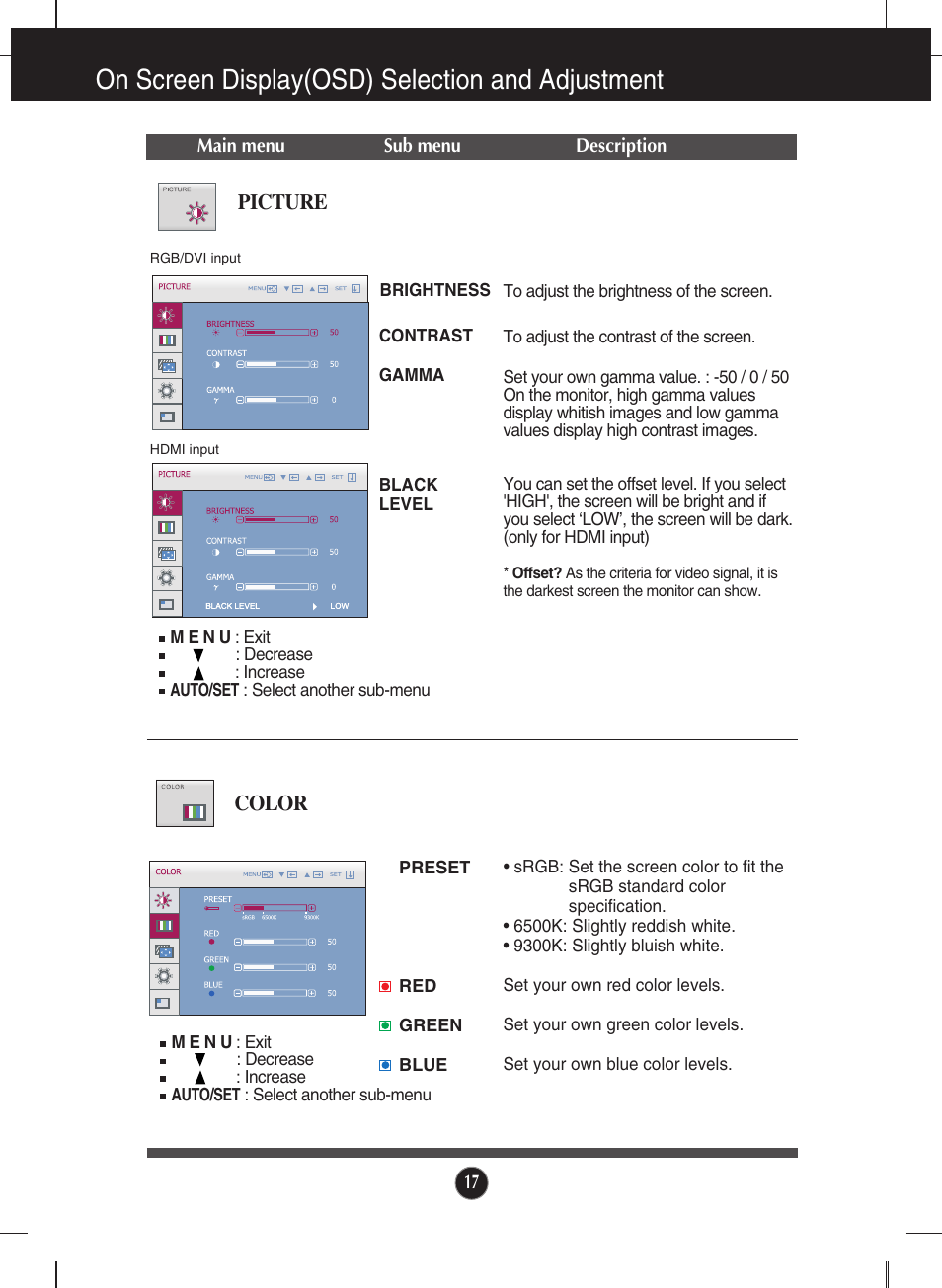 Picture, Color, On screen display(osd) selection and adjustment | LG W2600V User Manual | Page 18 / 31