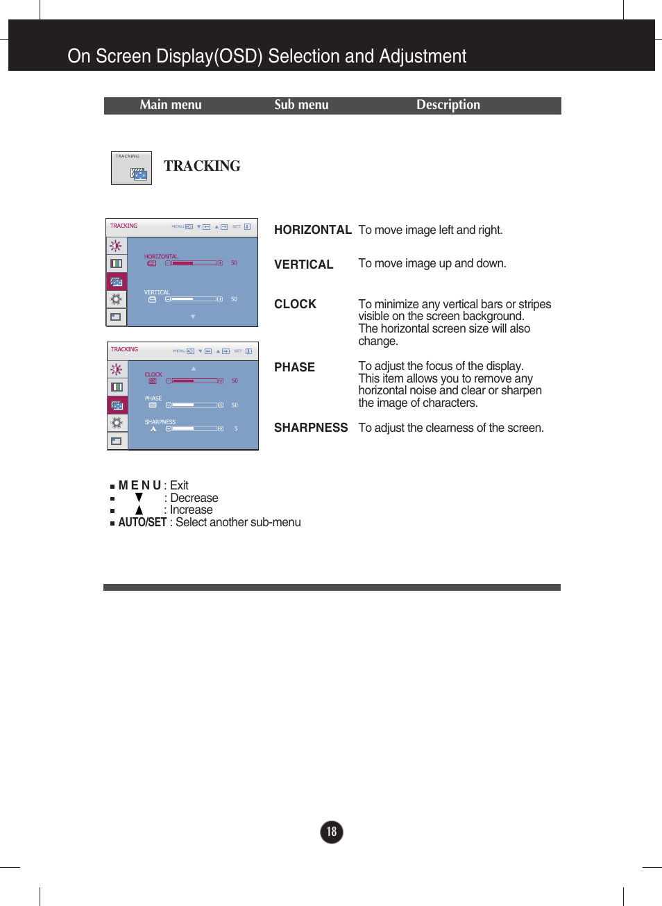 Tracking, On screen display(osd) selection and adjustment | LG W2600V User Manual | Page 19 / 31