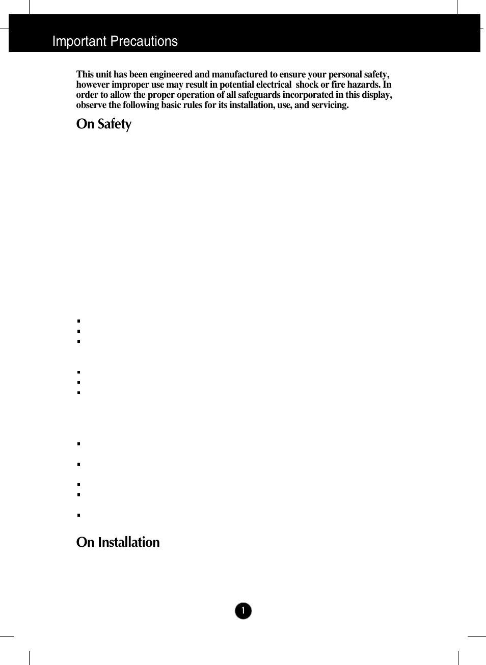 Important precautions, On safety, On installation | LG W2600V User Manual | Page 2 / 31