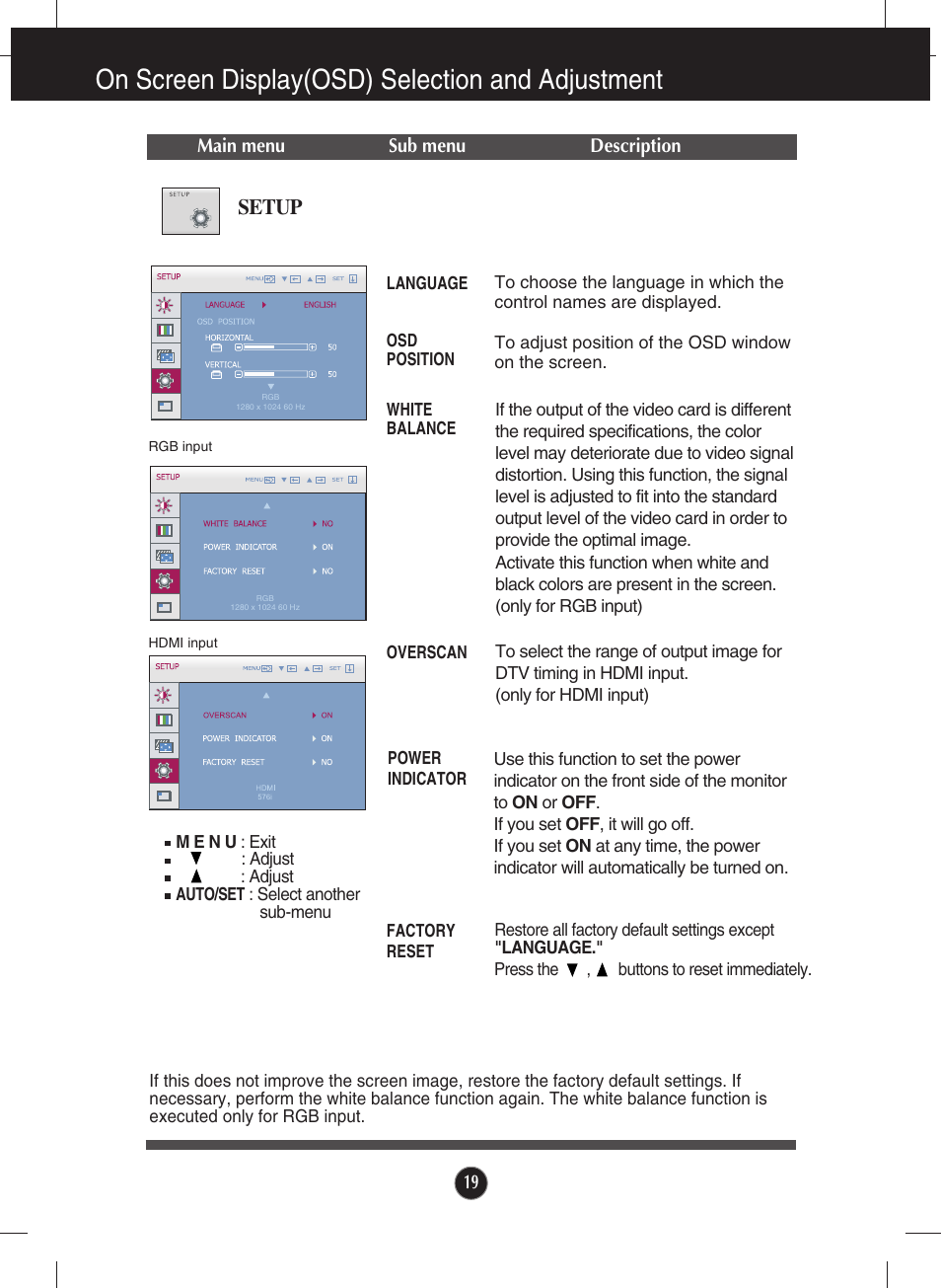 Setup, On screen display(osd) selection and adjustment | LG W2600V User Manual | Page 20 / 31