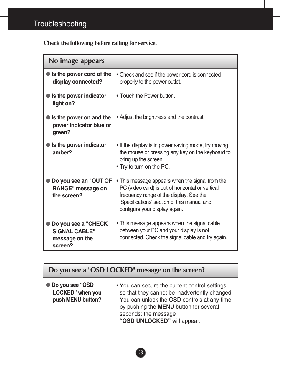 Troubleshooting, No image appears, Do you see a "osd locked" message on the screen | LG W2600V User Manual | Page 24 / 31