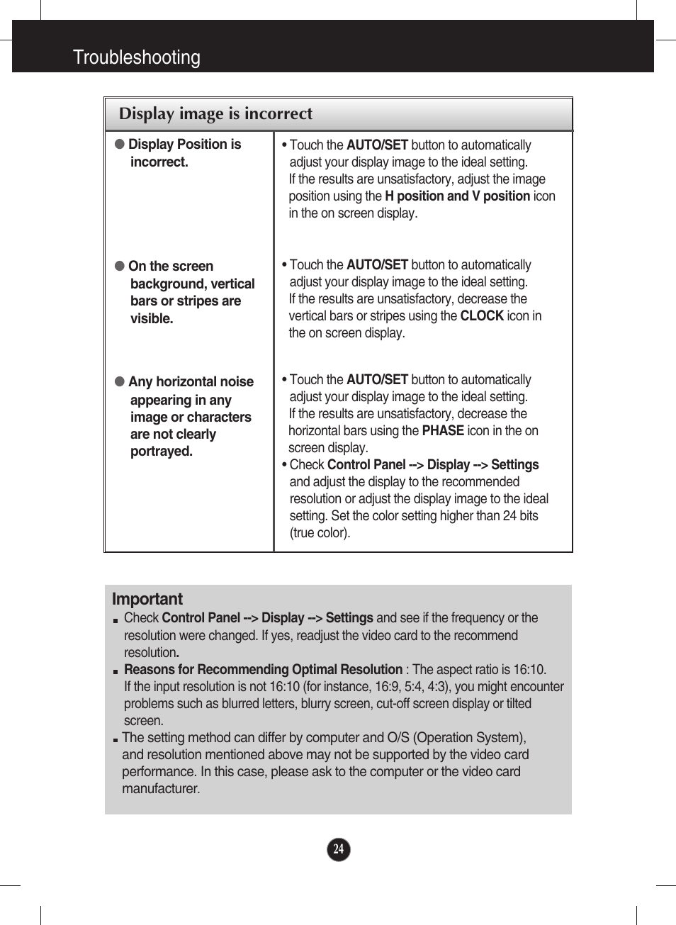 Display image is incorrect, Troubleshooting, Important | LG W2600V User Manual | Page 25 / 31