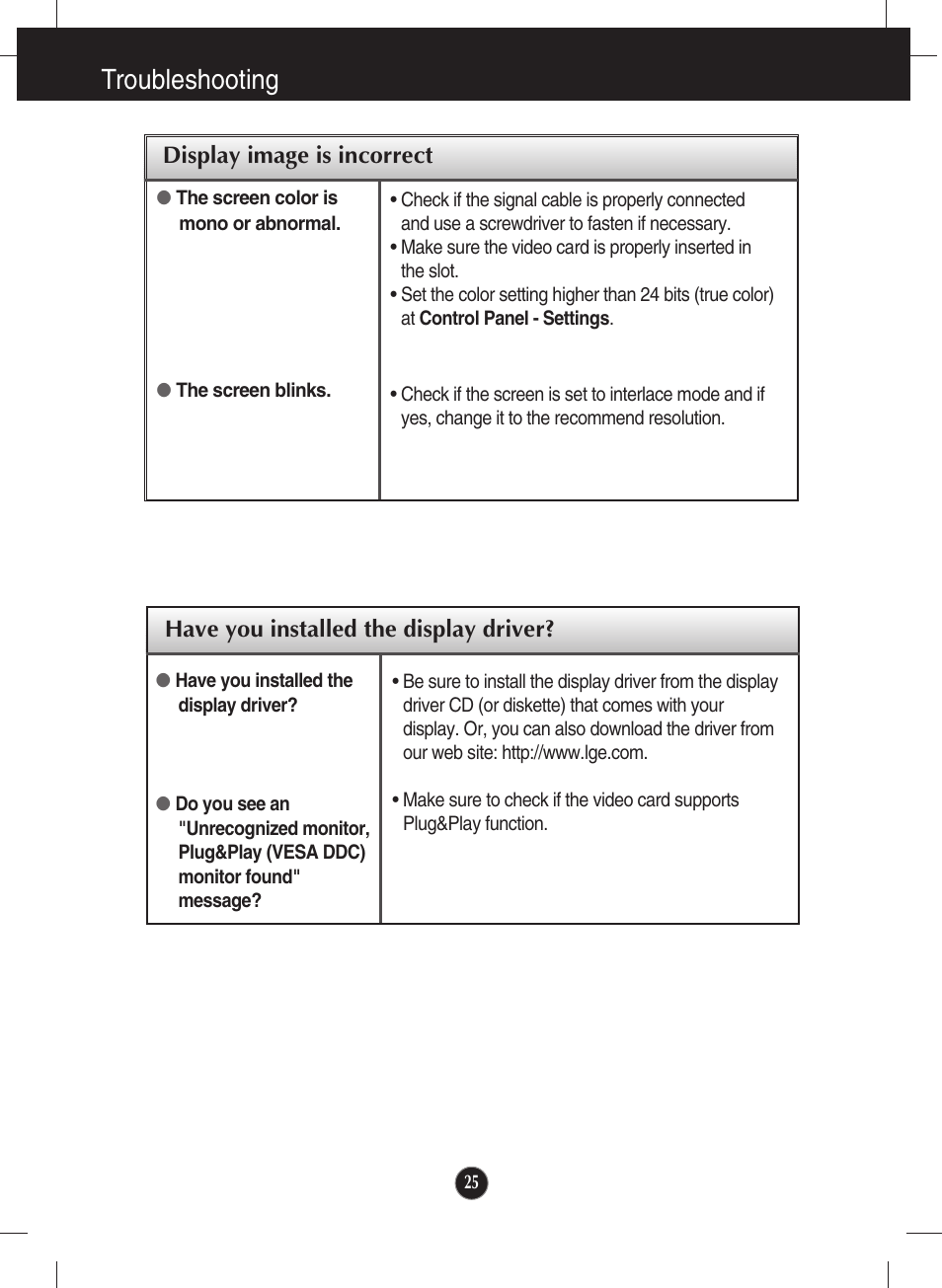 Have you installed the display driver, Troubleshooting | LG W2600V User Manual | Page 26 / 31