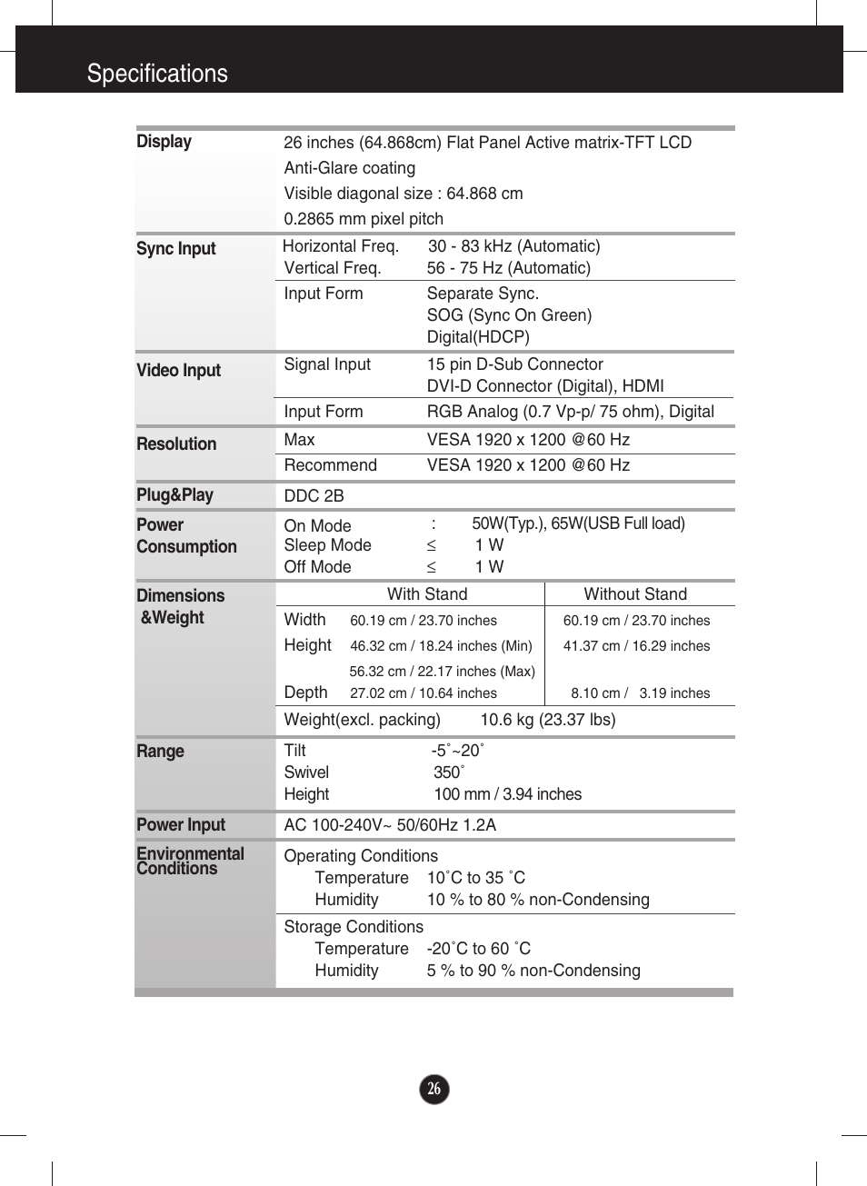 Specifications | LG W2600V User Manual | Page 27 / 31