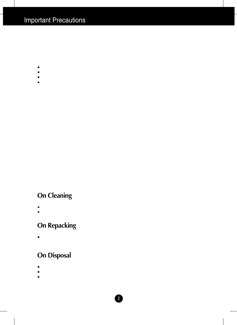 On cleaning, On repacking, On disposal | Important precautions | LG W2600V User Manual | Page 3 / 31