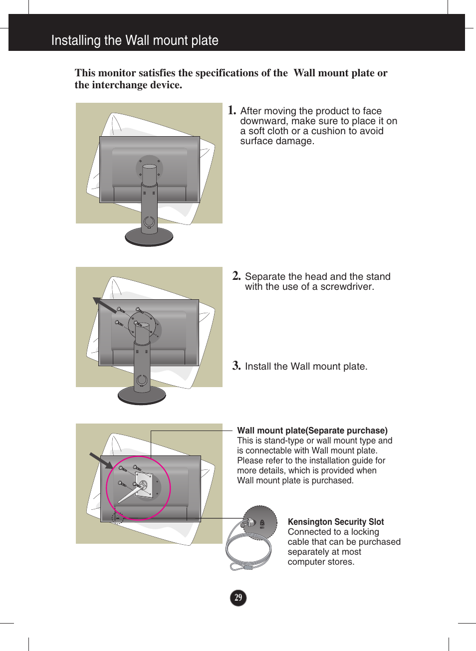 Installing the wall mount plate | LG W2600V User Manual | Page 30 / 31