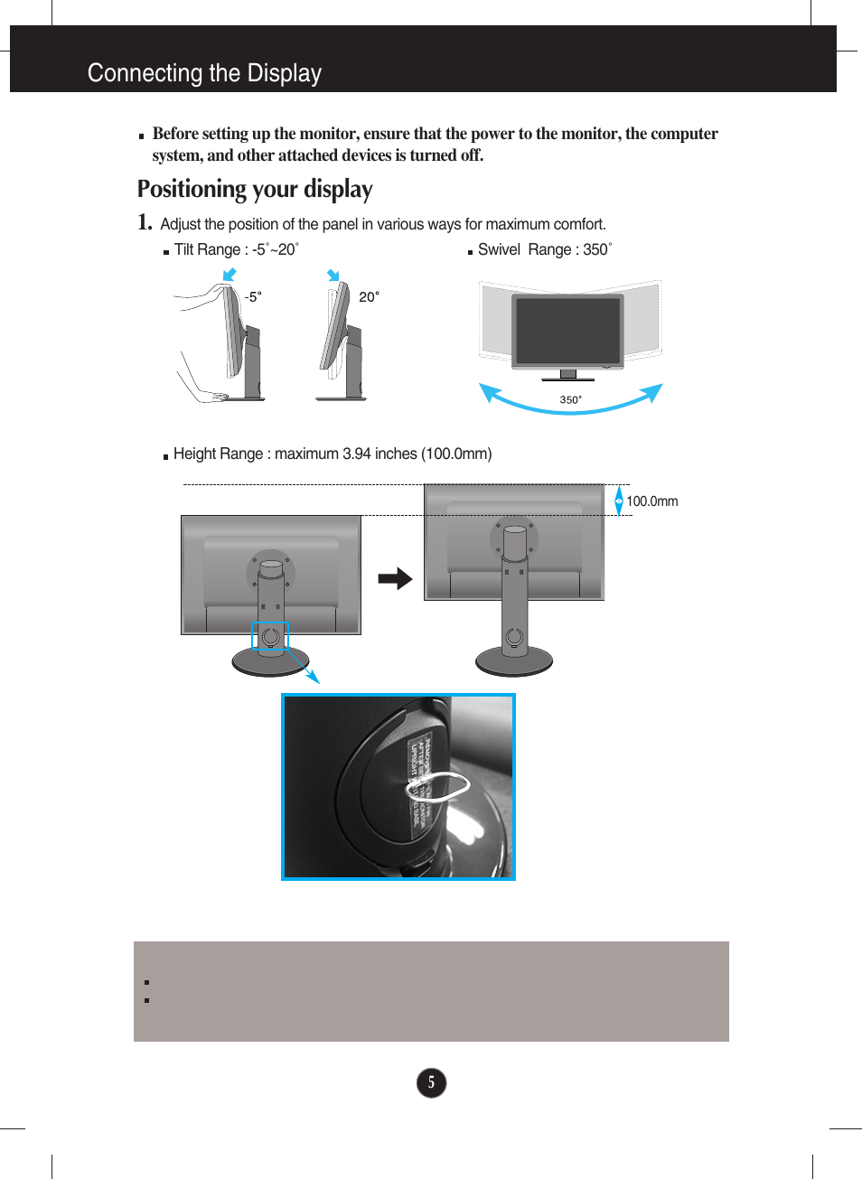 Positioning your display, Connecting the display | LG W2600V User Manual | Page 6 / 31