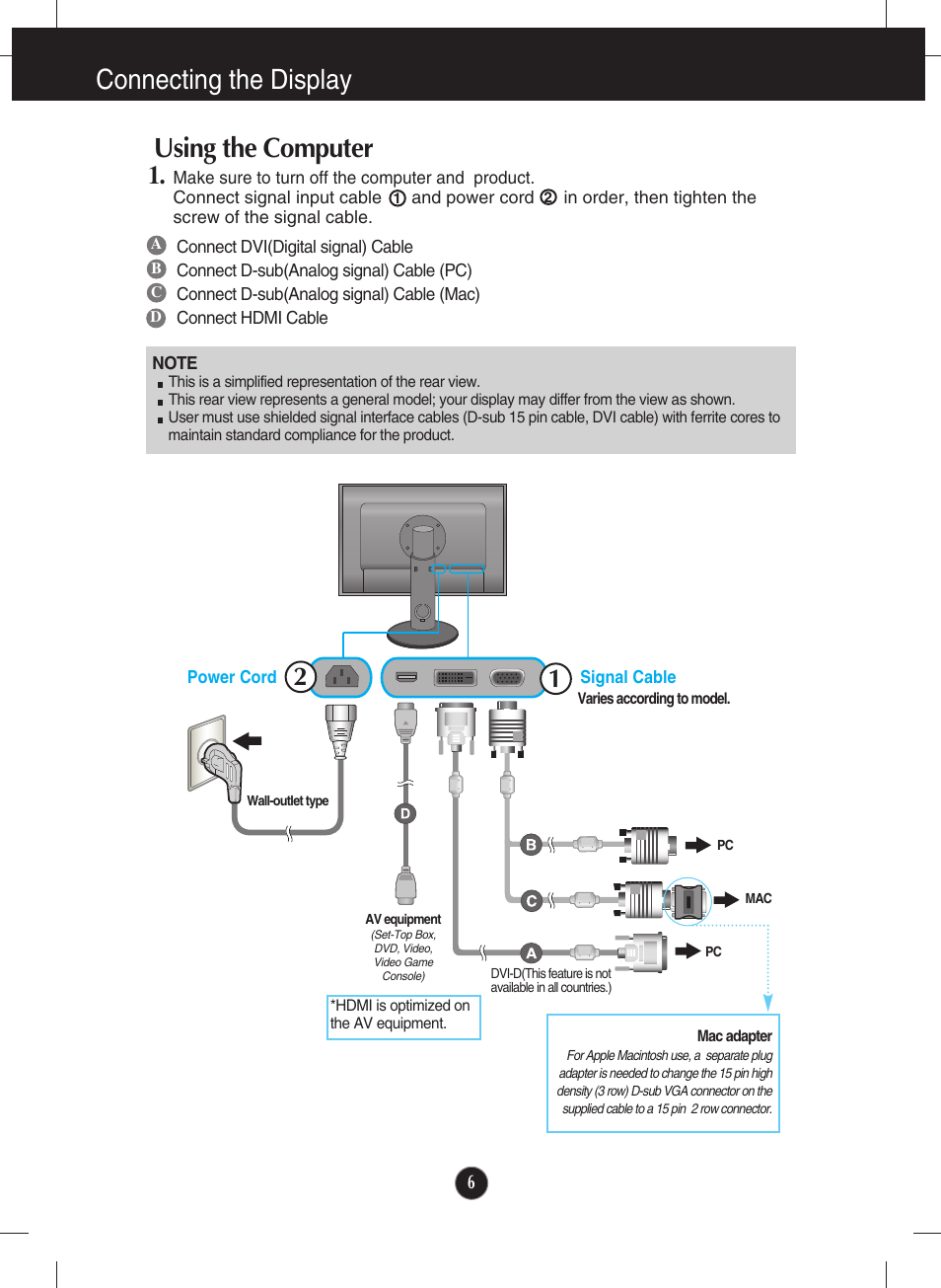 Using the computer, Connecting the display | LG W2600V User Manual | Page 7 / 31