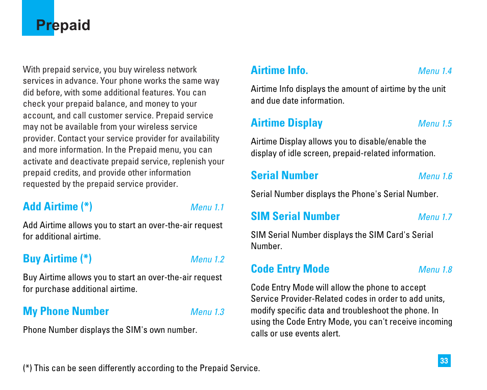 Prepaid | LG 225 User Manual | Page 33 / 80