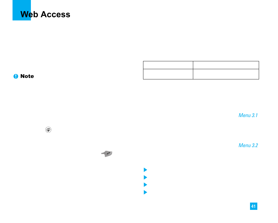 Web access, Home, Favorites | LG 225 User Manual | Page 41 / 80