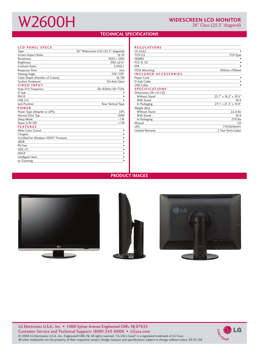 W2600h, Widescreen lcd monitor | LG W2600H User Manual | Page 2 / 2