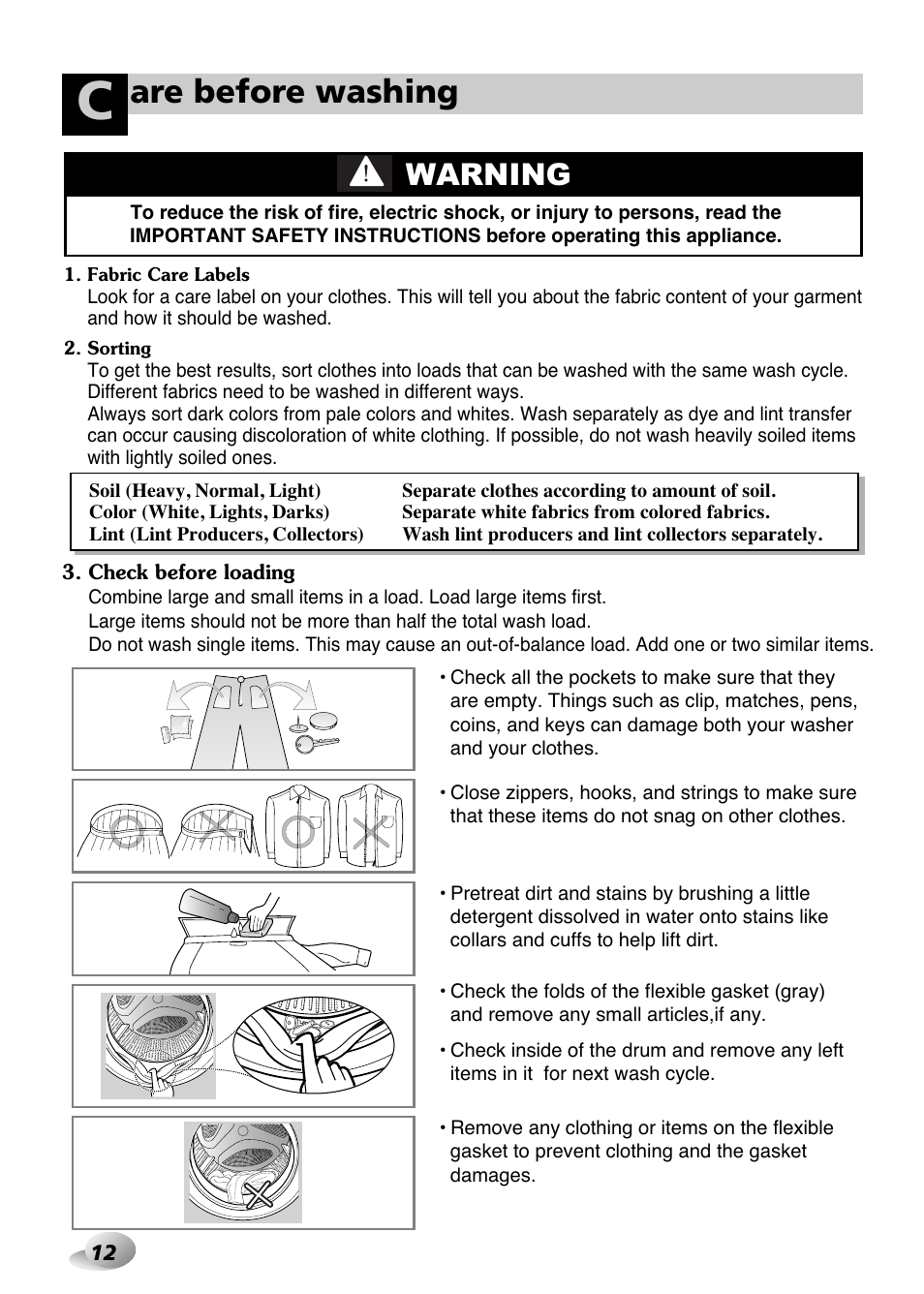 Are before washing, Warning | LG WD-1259 series User Manual | Page 12 / 64