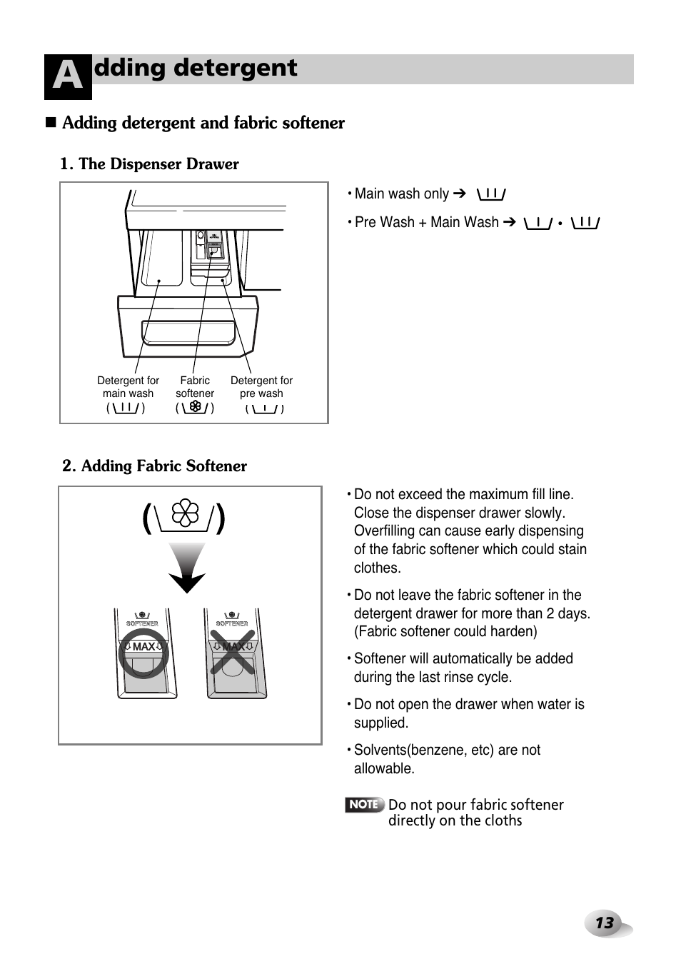 Dding detergent, Adding detergent and fabric softener | LG WD-1259 series User Manual | Page 13 / 64