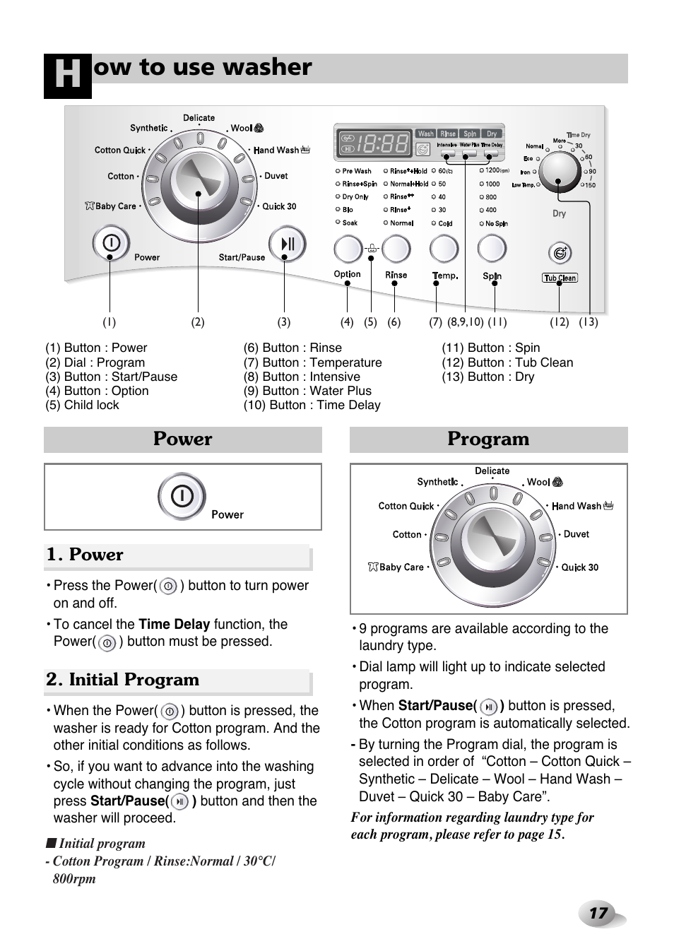 Ow to use washer, Program, Power | LG WD-1259 series User Manual | Page 17 / 64