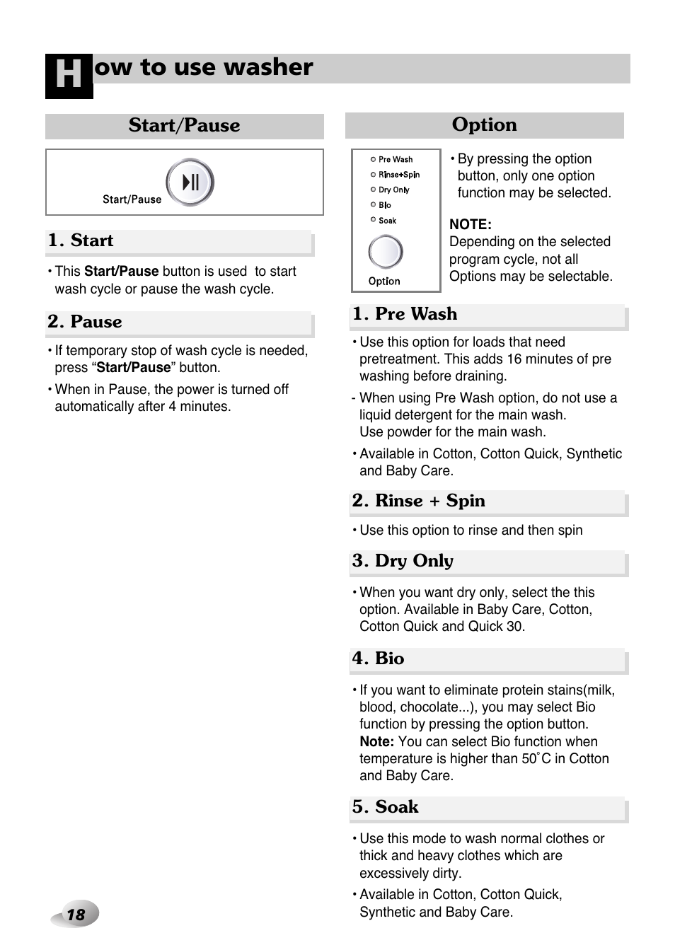 Ow to use washer, Option, Start/pause | LG WD-1259 series User Manual | Page 18 / 64