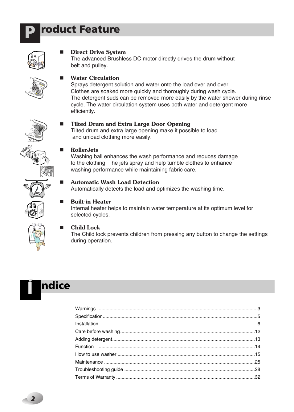 Roduct feature, Ndice | LG WD-1259 series User Manual | Page 2 / 64