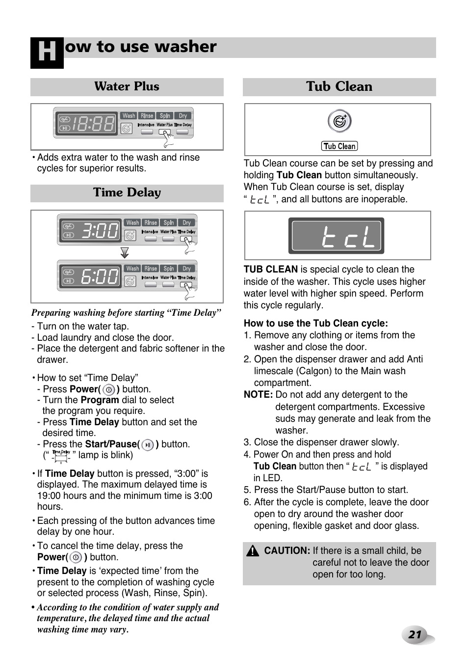 Ow to use washer, Tub clean | LG WD-1259 series User Manual | Page 21 / 64