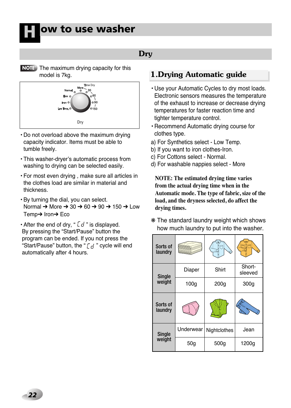 Ow to use washer, Drying automatic guide | LG WD-1259 series User Manual | Page 22 / 64